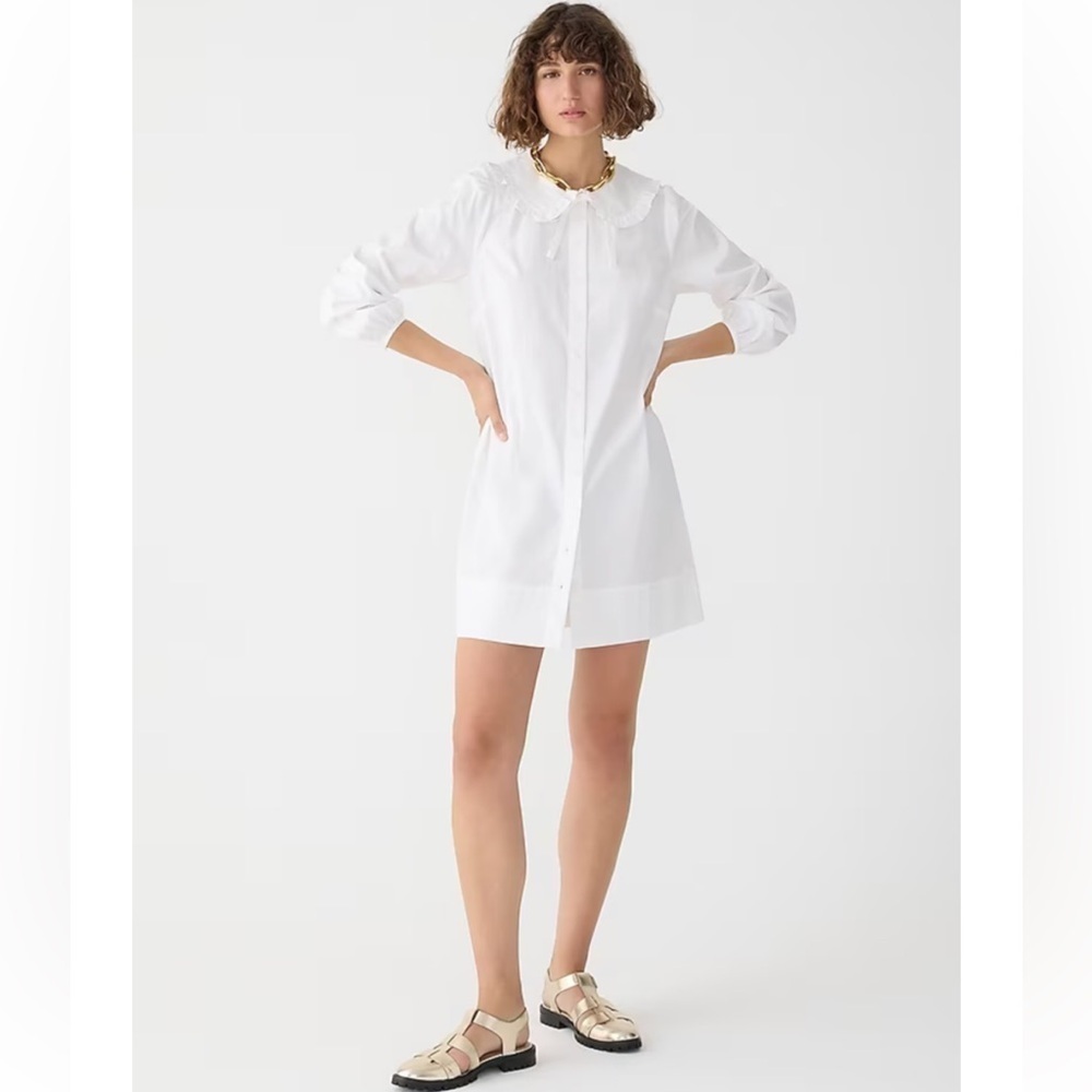 J.Crew Cotton Poplin Ruffle Collar Mini Shirt Button Down Dress in White Size S